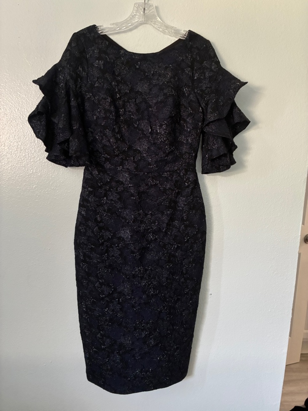 Theia Black Lace Midi Dress with Tiered Ruffle Sleeves